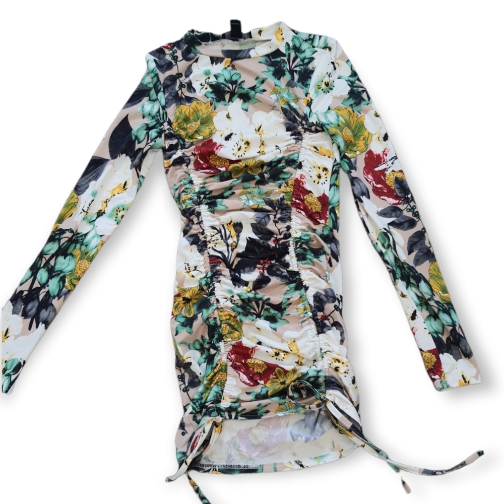 Revamped Green Floral Ruched Dress